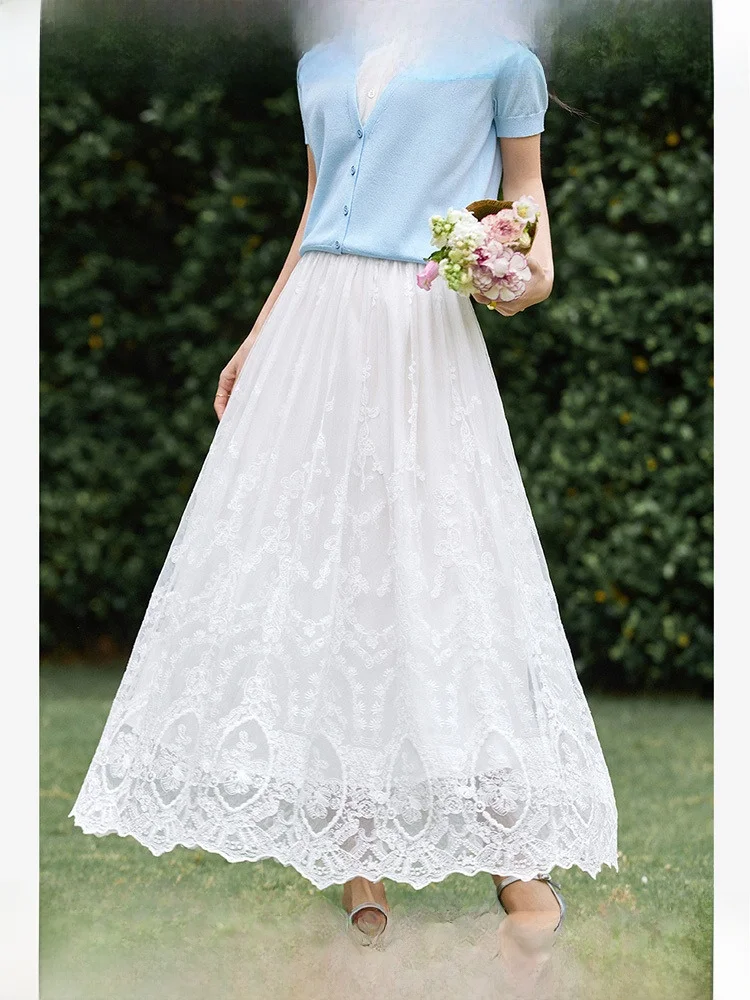 

Кружевная юбка с высокой талией и цветочным принтом, женская летняя новая длинная юбка с широким подолом, милая лесная девушка