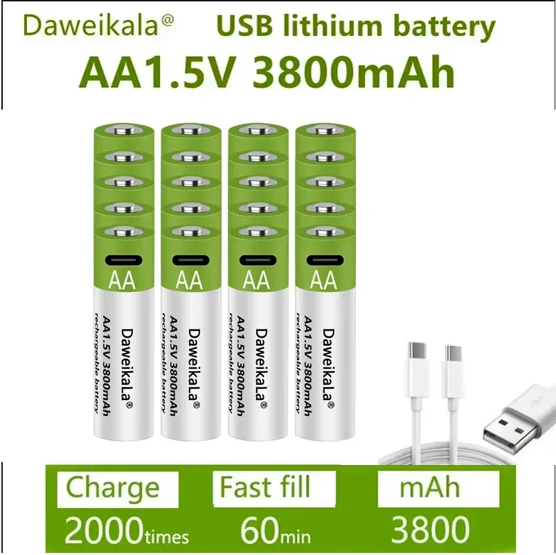 Fast charging 1.5 V rechargeable battery AA1.5V 3800 MAH lithium battery replacement LED flashlight, camera, keyboard and mouse