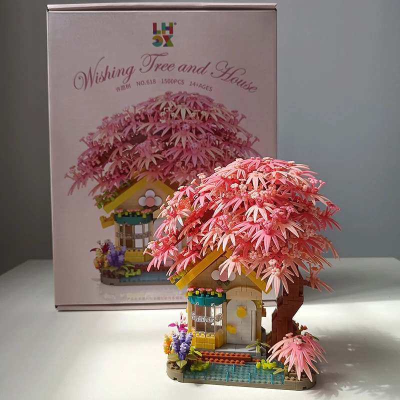 1500PCS Creative Mini Sakura Wishing Tree House Building Blocks City Street View Model Assemble Bricks Toys Gifts For Kids