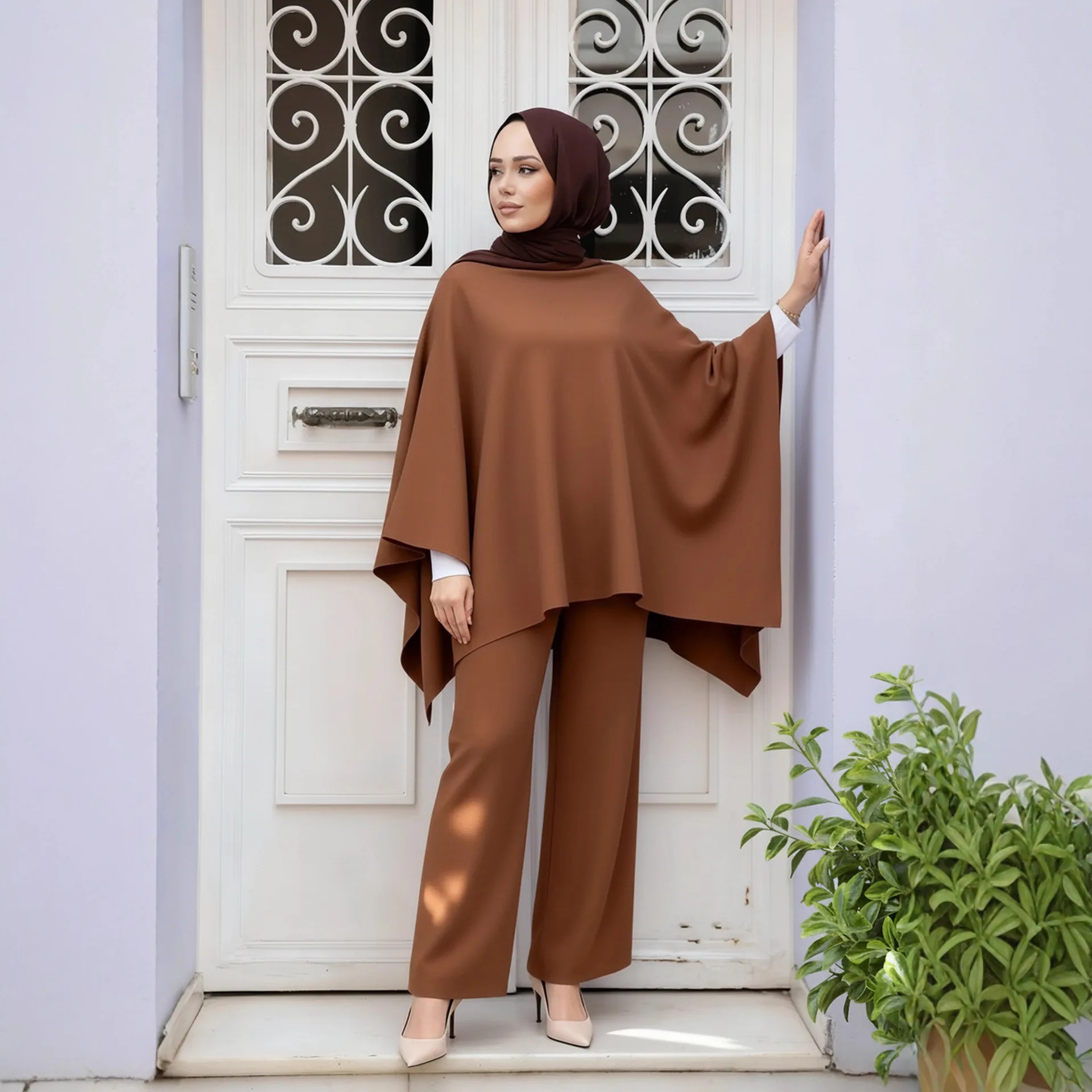 Moslim Gebreide Set Vrouwen Coltrui Jumper Top Wijde Pijpen Lange Broek Bijpassende Pak Islam Kleding Femme Musulmane Ensembles