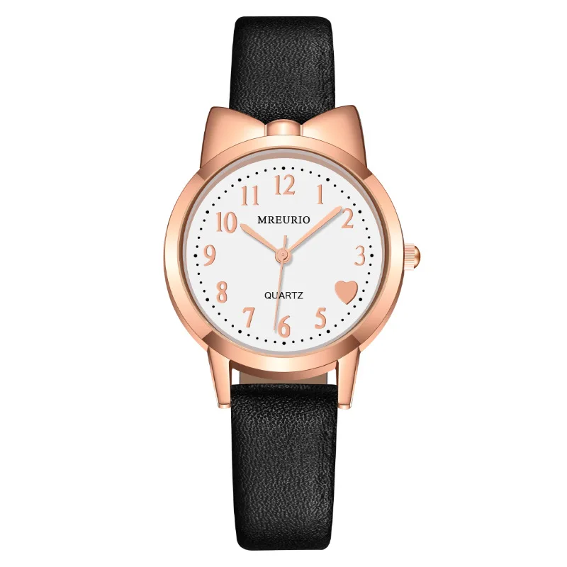 Popular Kids Girls Quartz Watch Cute Leather Strap Bow Heart Numbers Student Ladies Watch Female Watches Casual Daily Wear Girl