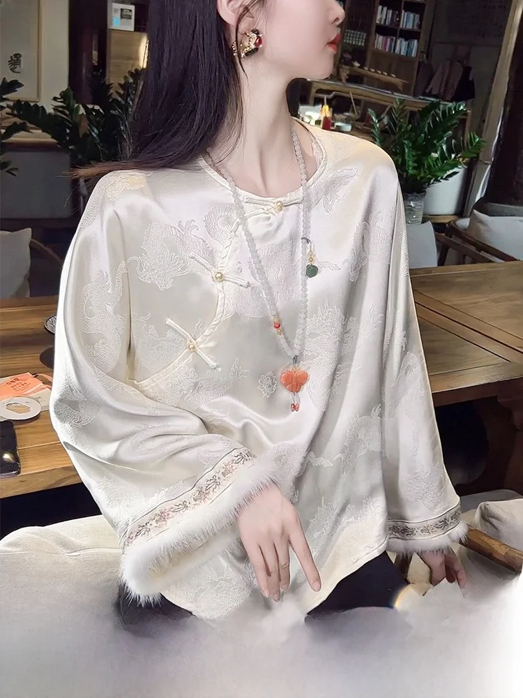 

New Chinese Sle Silk irt Women's Inner Wear Top Autumn Winter Mink Fur Real Silk Crown Pleated irt Long Sve round Ne