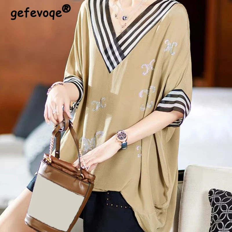 

Summer Korean Fashion V-neck Short Sleeve Rhinestone Oversized Shirts Blouses Casual Striped Patchwork Tunic Ladies Tops Blusas