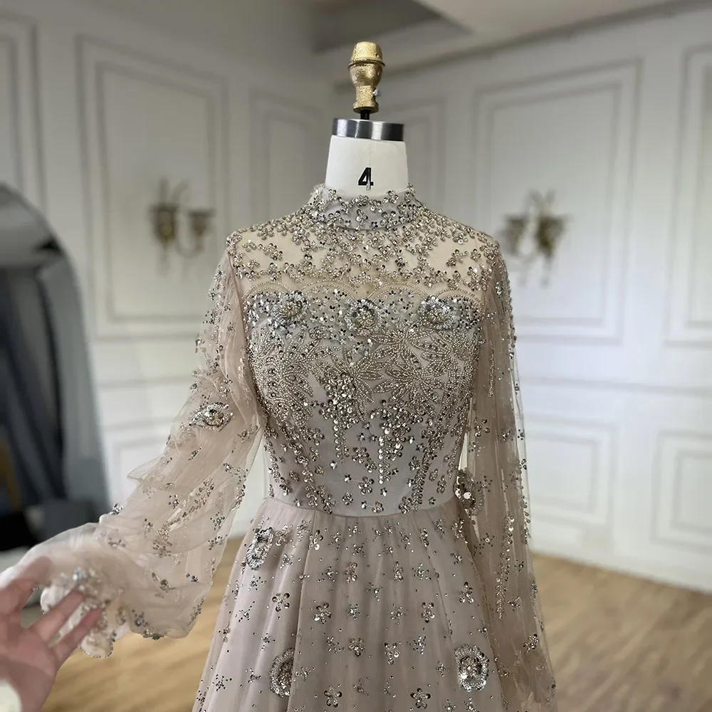 SERENE HILL Customized Arabic Nude Luxury Beaded A-Line Evening Dress 2026 Neck Modest Muslim