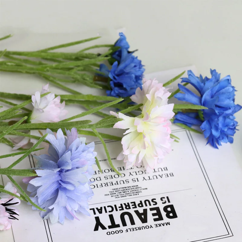 70cm Nordic Blue 3 Head Long Branch Starry Cornflower Silk Artificial Flowers Home Wedding Decoration Flore Fleurs Artificielles