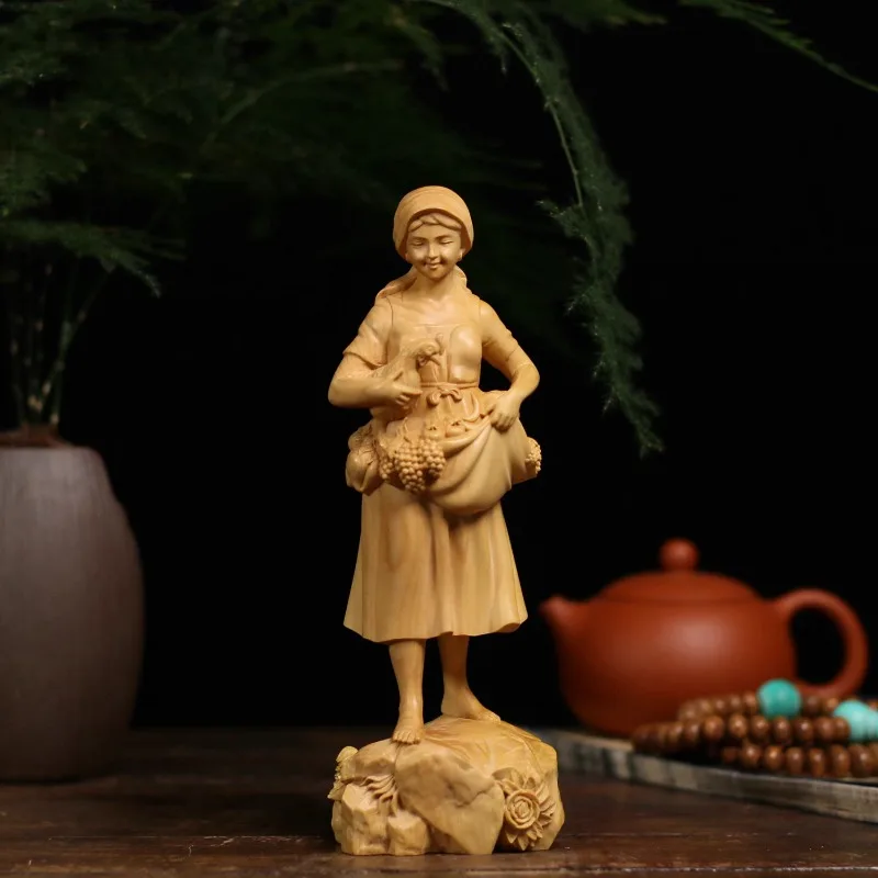 Hand Carved Boxwood Wooden Farmer Woman Statue Figurine - Traditional Chinese Folk Culture Harvest Ornament Home