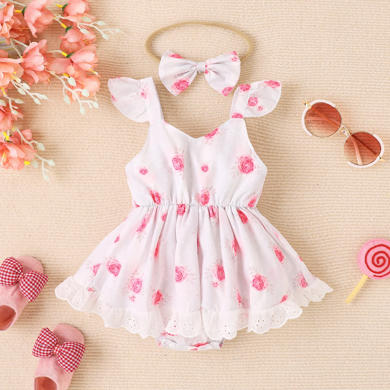 2PCS Summer 0-2 Years Old Baby Girl Baby Soft Comfortable Cool Beautiful Pink Flower Print Skirt Ha Dress