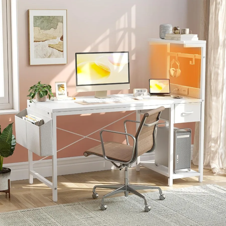 مكتب ألعاب مقاس 55 بوصة مع مخرج طاقة مدمج وإضاءة LED قابلة للتعديل لإعداد المكاتب المنزلية وأرفف قابلة للعكس وS مخفية #4