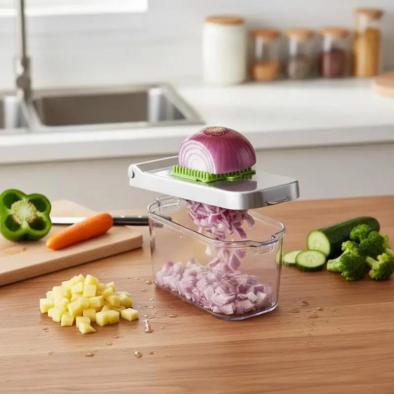

Multi-Functional Vegetable Dicer 12.5x4.5x4.5 Inches For Home Kitchen Salad Preparation Onion Chopping, 3 Interchangeable Blades Integrated Container Manual Slicer Tool Silver Finish