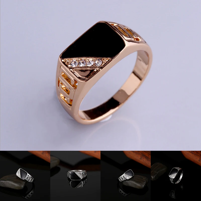 Rings Classic Size 7-12 Good Quality Men Rhineston Jewelry Gold/Silver-Color Black Enamel Male Finger Titanium Stainless Ring