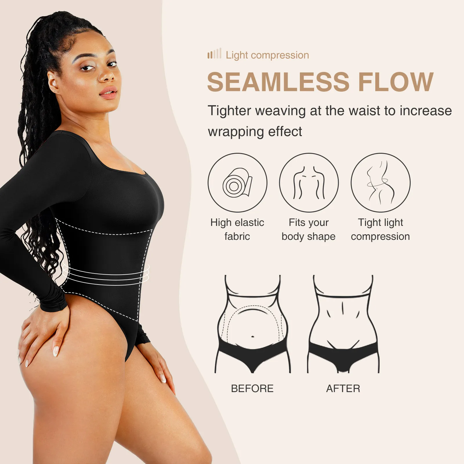 Seamless Women Square Neck Long Sleeve Thong Bodysuit Girdles Shapewear Binders Slimming Outwear Daily Waist Trainer Shape