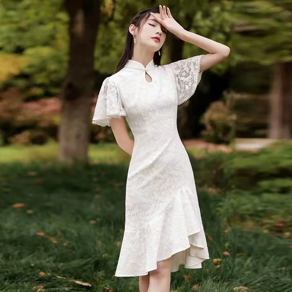 

2023 White Lace Puff Sleeve Party Casual Qipao Dress Modern Traditional Chinese Clothing Vintage Improved Cheongsam for Women