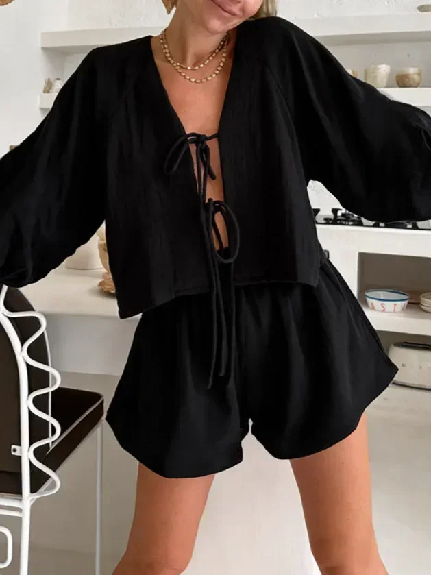 Black Cotton Women Shorts Suits Summer Autumn 2024 Puff Sleeves Lace-Up Blouses Two Pieces Sets With Shorts Female