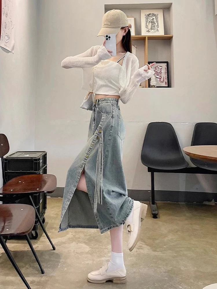 

High Waist A-Line Skirt for Women Korean Sle Denim Split Design Slimming Hip Covering Polyester Fiber Spring Summer