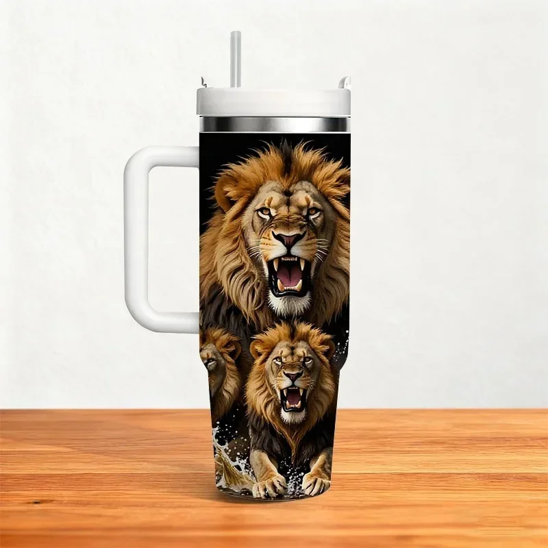 Fierce Golden Brown Lion Digital Print 40oz Stainless Steel Insulated Tumbler, Leakproof Cool & Hot Drink Cup with Dynamic Water Splash Design, Ideal for Daily Commute, Outdoor Trips & Office Use