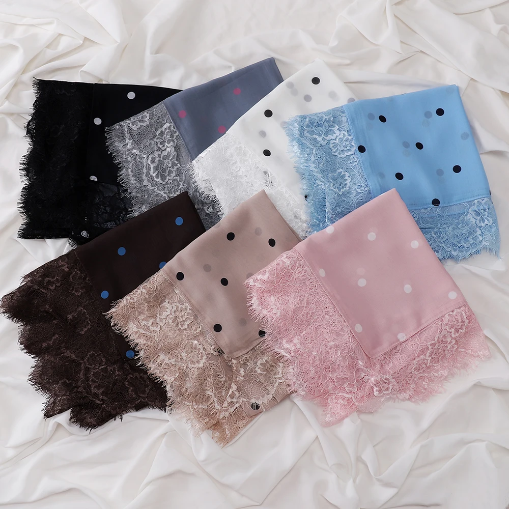 Eleganter Polka-Dot-Hijab, leichter Spitzen-Schal, Chiffon-Kopftuch, verziertes Kopftuch, klassischer Gebets-Hijab, langer Schal – Detail 6