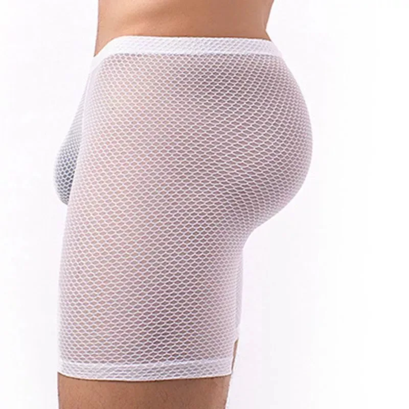 Sexy Boxer Shorts Men Mesh Shorts Long Leg Underpants Male U Convex Pouch Breathable Panties Fitness Lengthen Short Pants Cueca