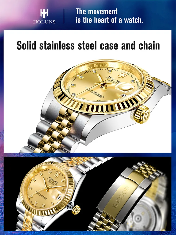 Holuns orologio in oro per uomo diamanti di lusso classico orologio meccanico automatico da uomo in acciaio inossidabile impermeabile Relogio Masculino