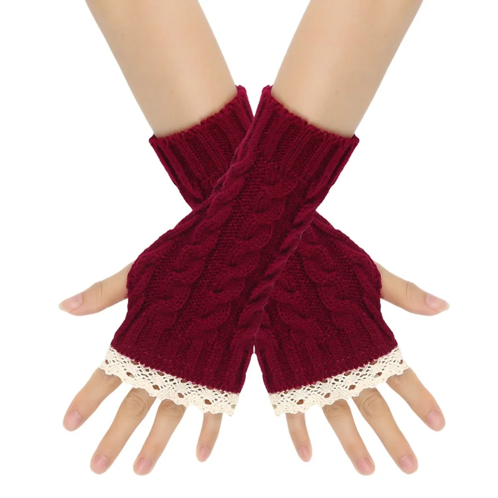 Fashion Lace Trim Fingerless Mittens Long Thicken Women Knitted Gloves Soft Wrist Protection Arm Warmers Writting Friendly