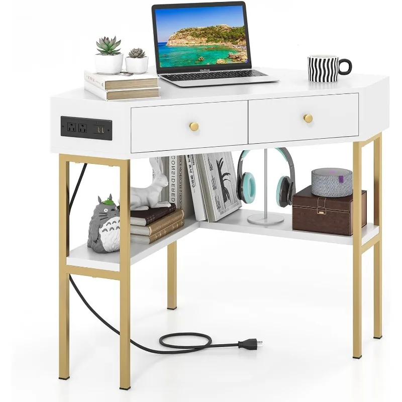 White Corner Desk with 2 Drawers & Built-in Charging Station, 90 Degrees Triangle Corner Computer Desk for Small Space