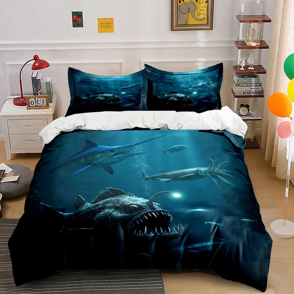 Deep sea predator diverse marine life Duvet Cover Set with 3D Printing Design Soft Polyester Bedding Set All-Season Comfort