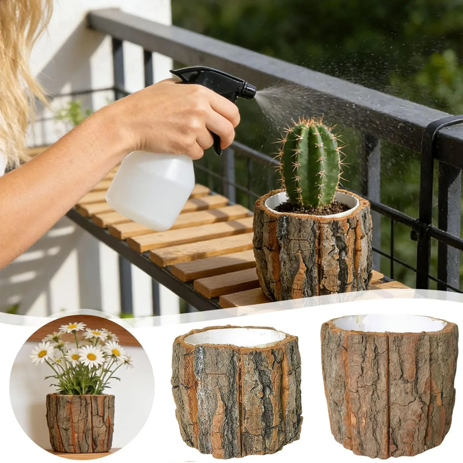 Resin Imitation Wood Plant Pot Vintage Round Decorative Flower Pot For Indoor Fake Tree Bark