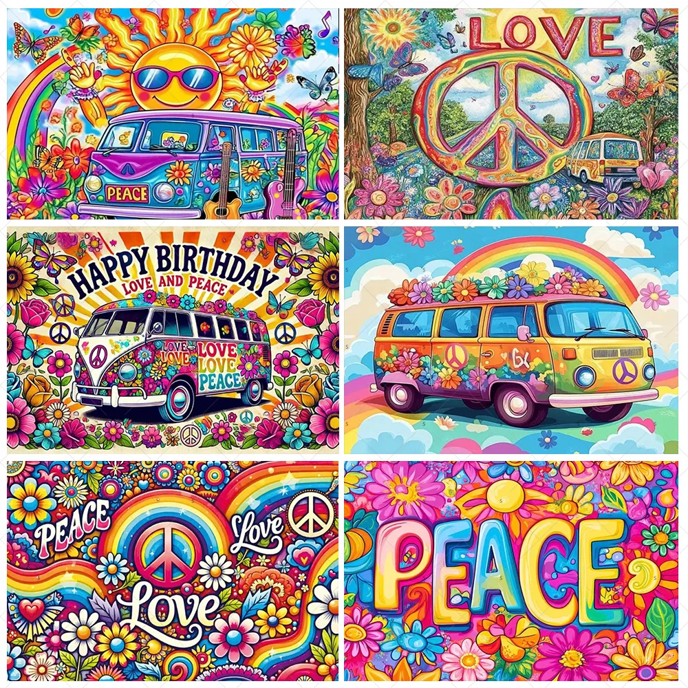 

Colorful Hippie Bus Background Banner Bohemian Style Theme Backdrop Supplies Love And Peace Party Decorations Photography Props