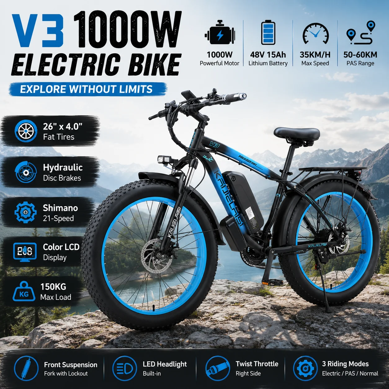 All-Terrain Electric Bike 1000W Rear Motor 26x4.0 Fat Tires 48V 15Ah Battery Hydraulic Disc Brakes LCD himano 21 Speed E-Bike