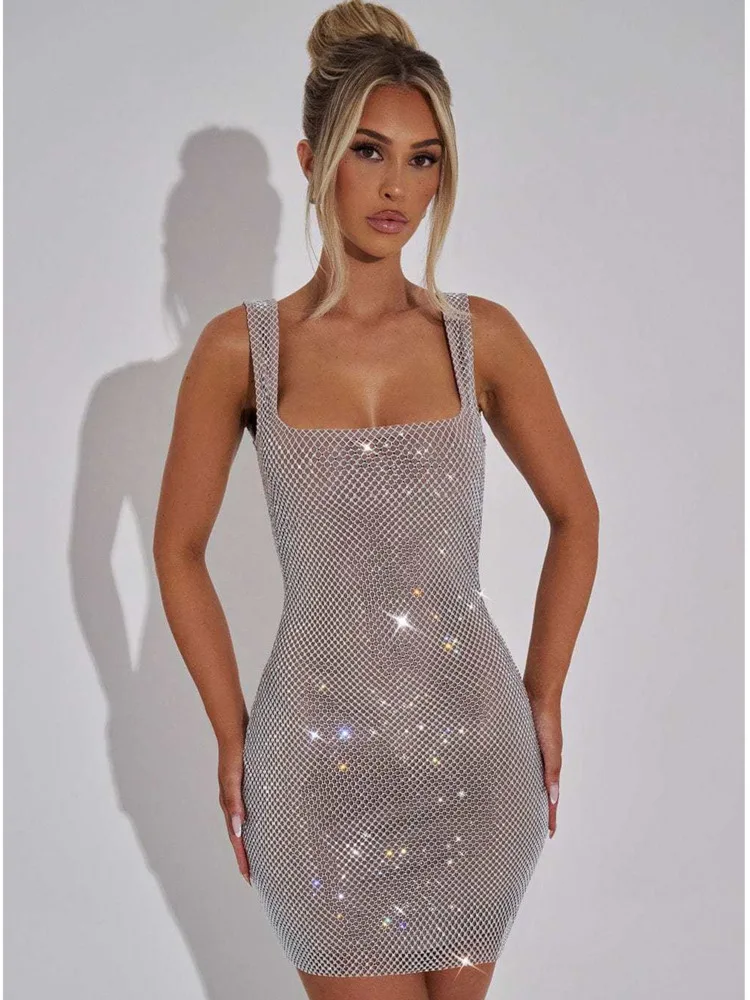 Dfdg feminino 2025 primavera verão glitter lantejoulas vestido de noite strass estilingue aberto volta magro ajuste bodycon mini vestido de festa