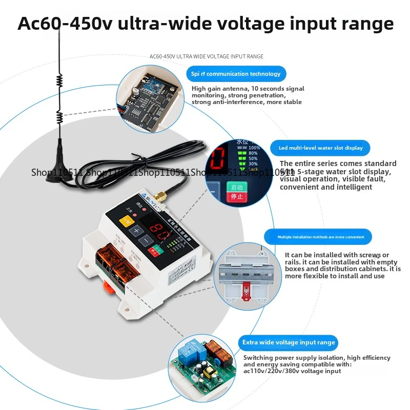 

Wireless Remote Water Level Controller Water Pump Water Tower 220V 5000M Liquid Level Remote Control Float Sensor Switch
