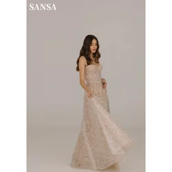 Sansa Champagne Beading A-line Prom Dress Shiny Spaghetti Strap Evening Dresses Sleeveless Vestidos De Fiesta فساتين سهرة