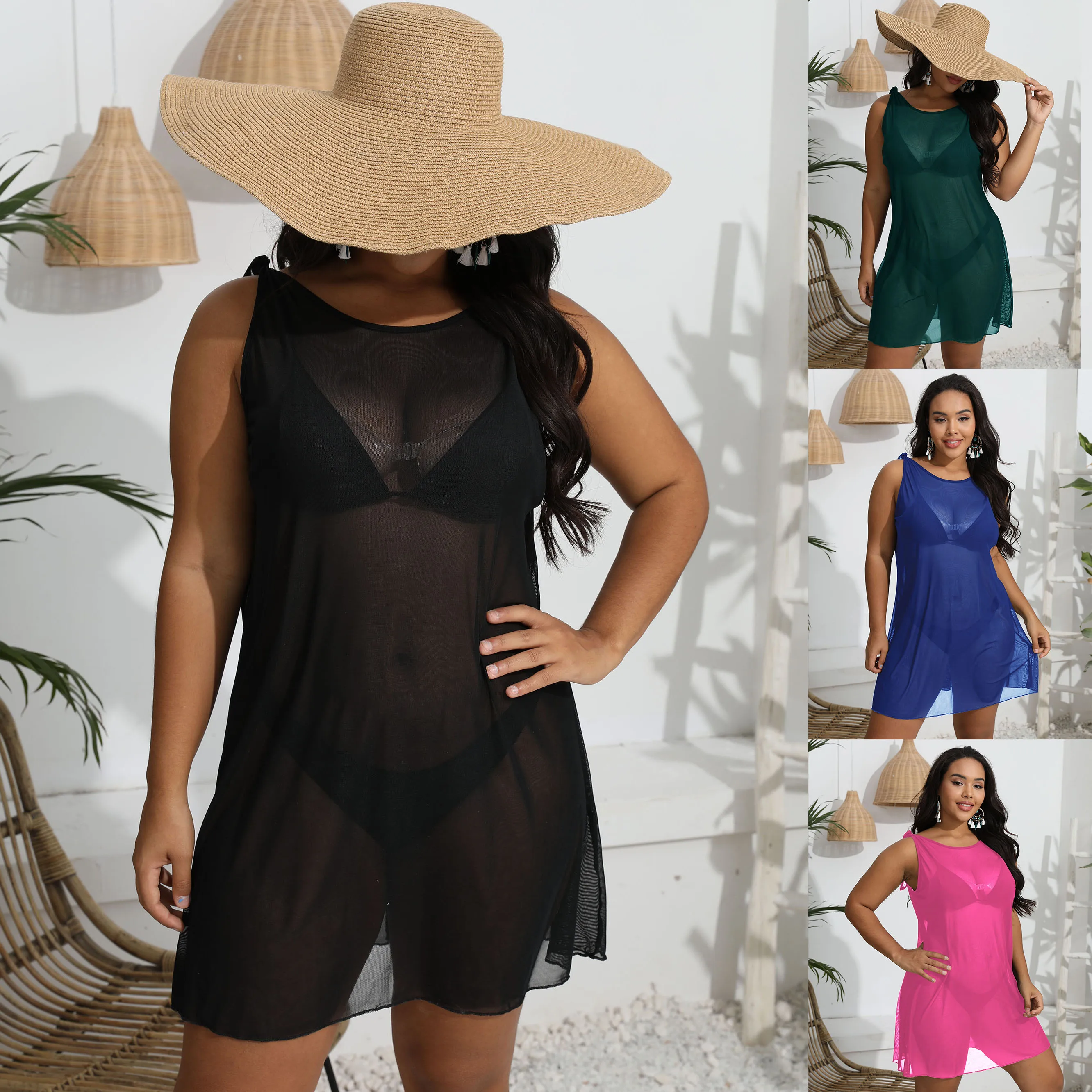 Tie Sheer Beachwear para Mulheres Verão Maiô Cover Up Preto Malha Transporte Vestido Plus Size Swim Cover-ups 2023 Grande 3XL