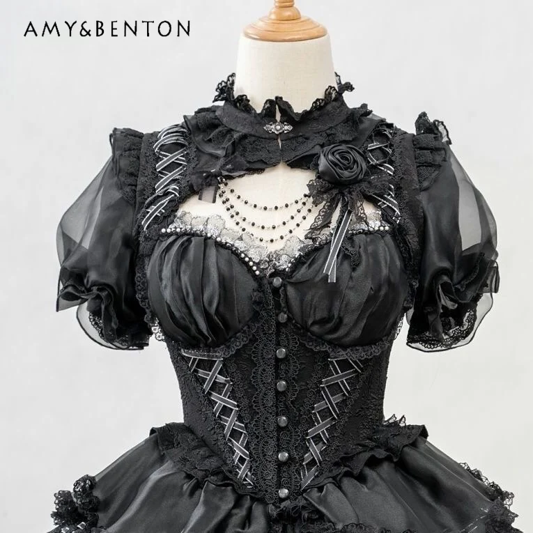 

2025 Summer Women Lolita Sweet Versatile Black Sun Protection Cardigan Lace Short Chiffon Blouse White Top Lightweight Cape