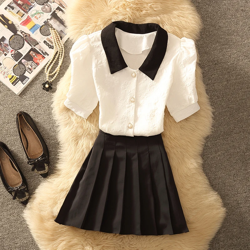 

Summer New Style Light Maturity Wind Shirt And Half Skirt Set Doll Collar Short Sleeve Polyester Fabric Fashionable And Elegant