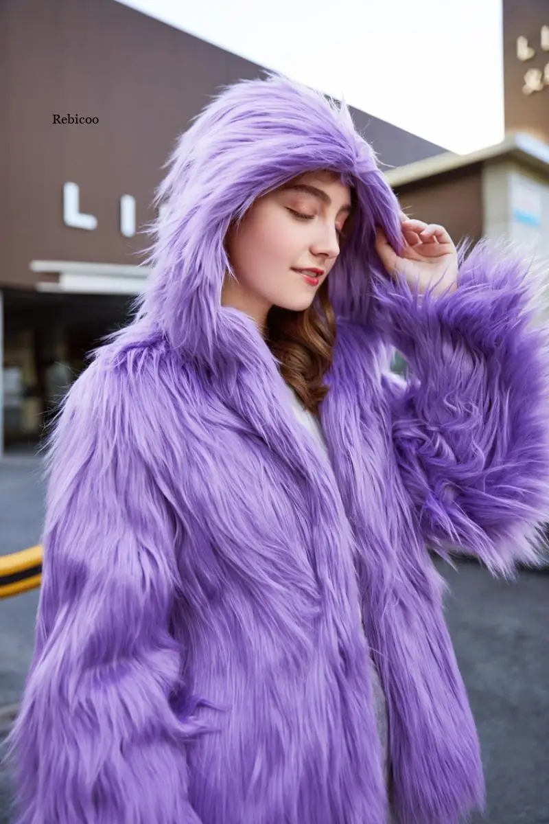 Woman Faux Mink Fur Hoodie Bomber Jacket Long Hair Imitation Fox Fur Coat Plush Cardigan Hooded Loose Outwear Fluffy Topss