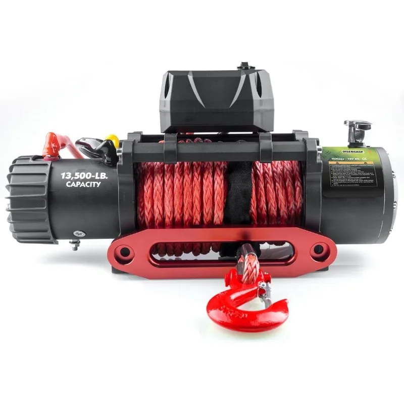 Synthetic Rope Winch with Hawse Fairlead, Wired Handle and 2 Infrared Remote(13500LB RED)