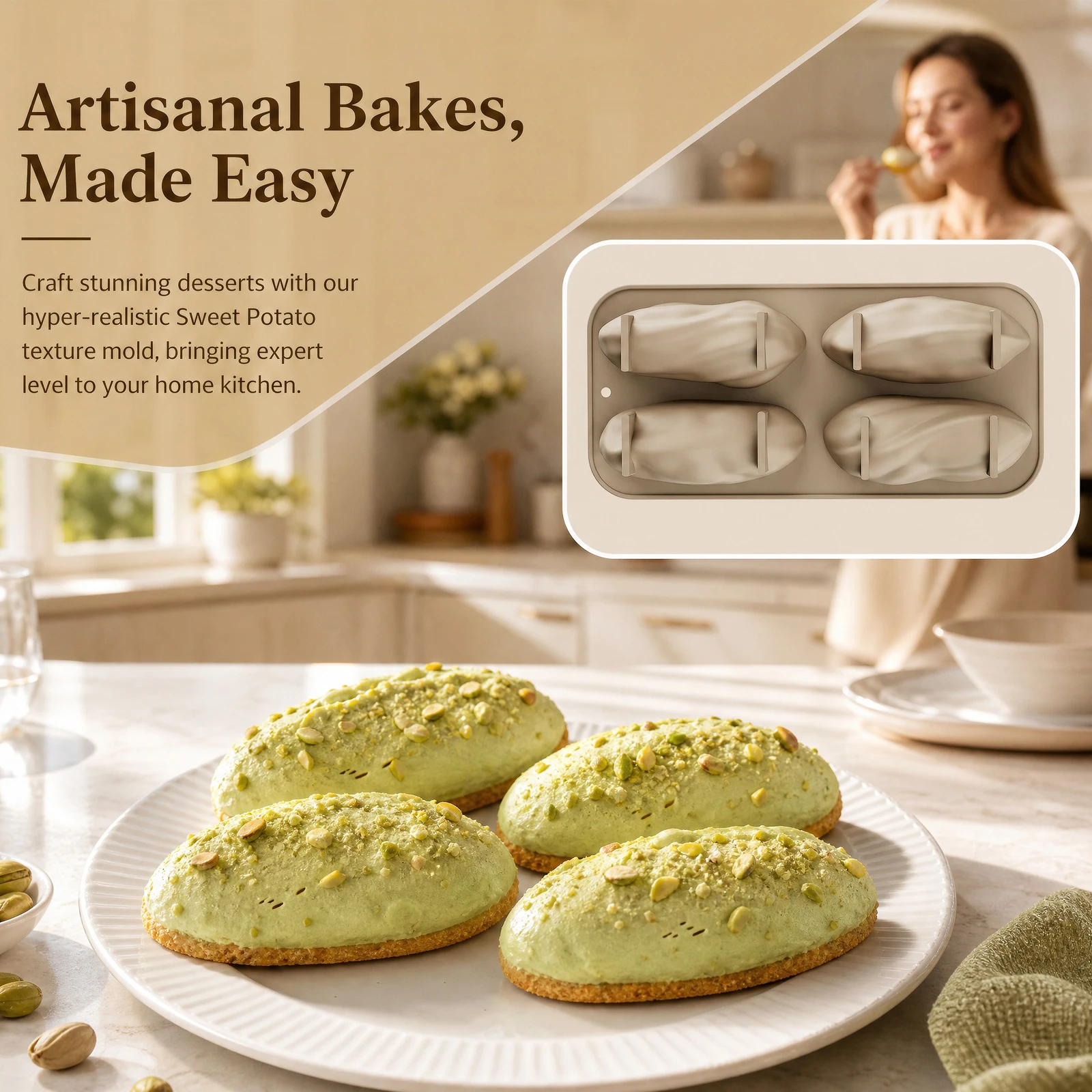 1 Piece Silicone Dessert Mold 4 Holes Pistachio Shape Non-Stick Mold for Making Pistachios Nut Cakes Desserts Mousse Jelly