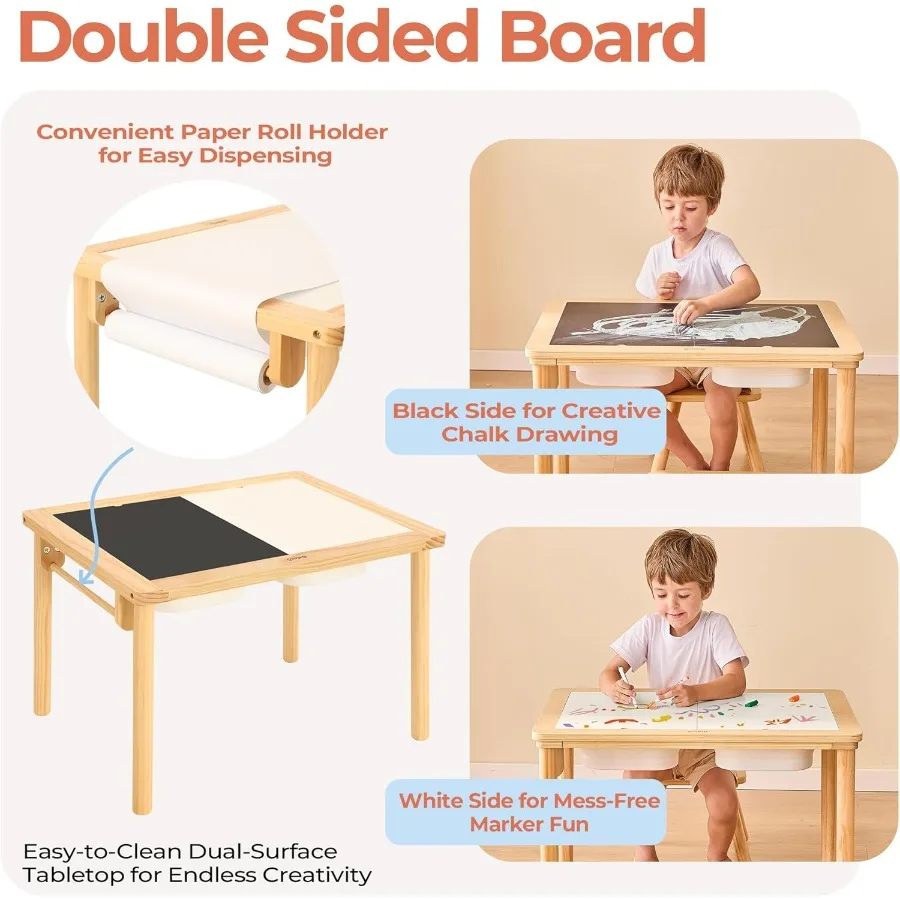 Table sensorielle pour tout-petits avec 2 bacs de rangement, table d'activité en bois avec planches double face, jeu de sable et d'eau en intérieur et en extérieur