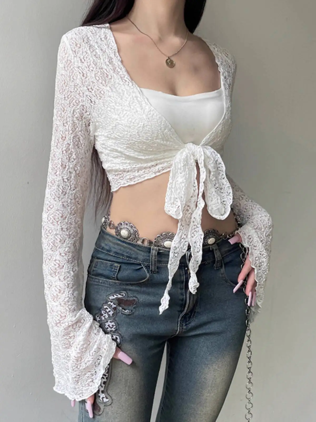 Women Crop Top 2025 Women's Elegant Versatile Jacket White Flared Long Sleeve Tie Waist Lightweight Layering Sun Protection Top