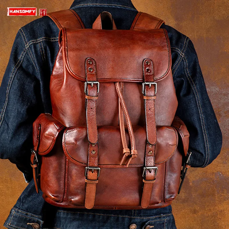 Handmade Brushed Leather Backpack Men First Layer Vegetable Tanning Leather Travel Backpack Laptop Bag Large Capacity Schoolbag