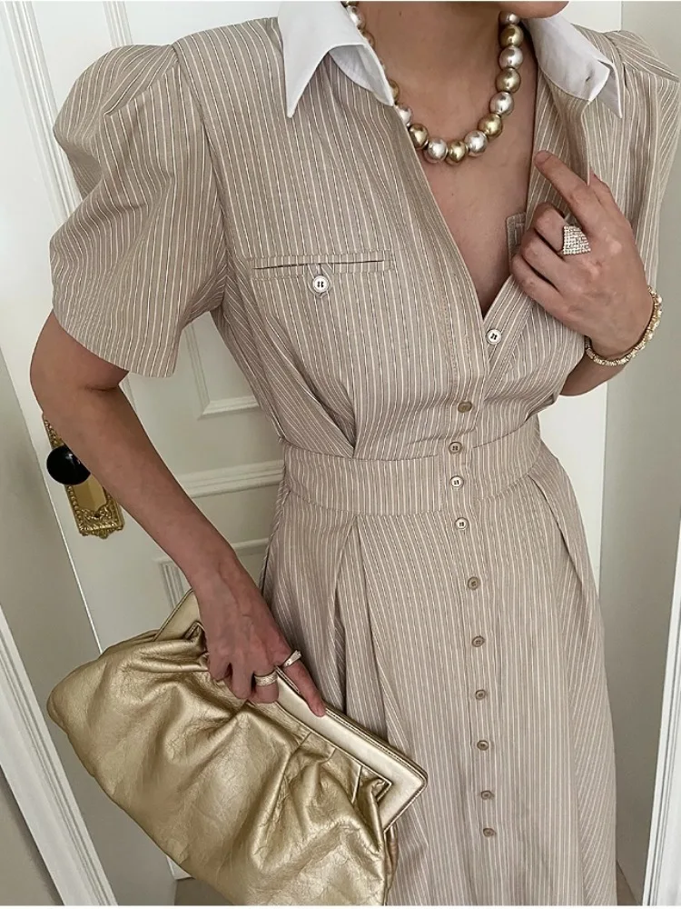 

Chic Summer Long Collar Dr Ele Color Blo Single Button Embellied Striped Pattern Luxury Sensation Dongda Gate