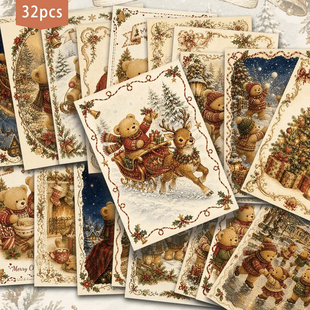 32pcs, Christmas Teddy Bear postcards, wall stickers, mailing cards, greeting cards, DIY postcards, commemorative postcards,