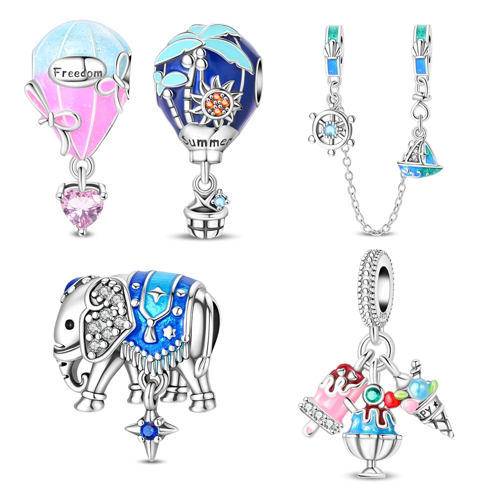 

Colorful 925 Sterling Silver Pink Blue Hot Air Balloon&Thai Elephant&Ice Cream&Boat Dangle Charm Fit Brand Bracelet Youth Jewelr