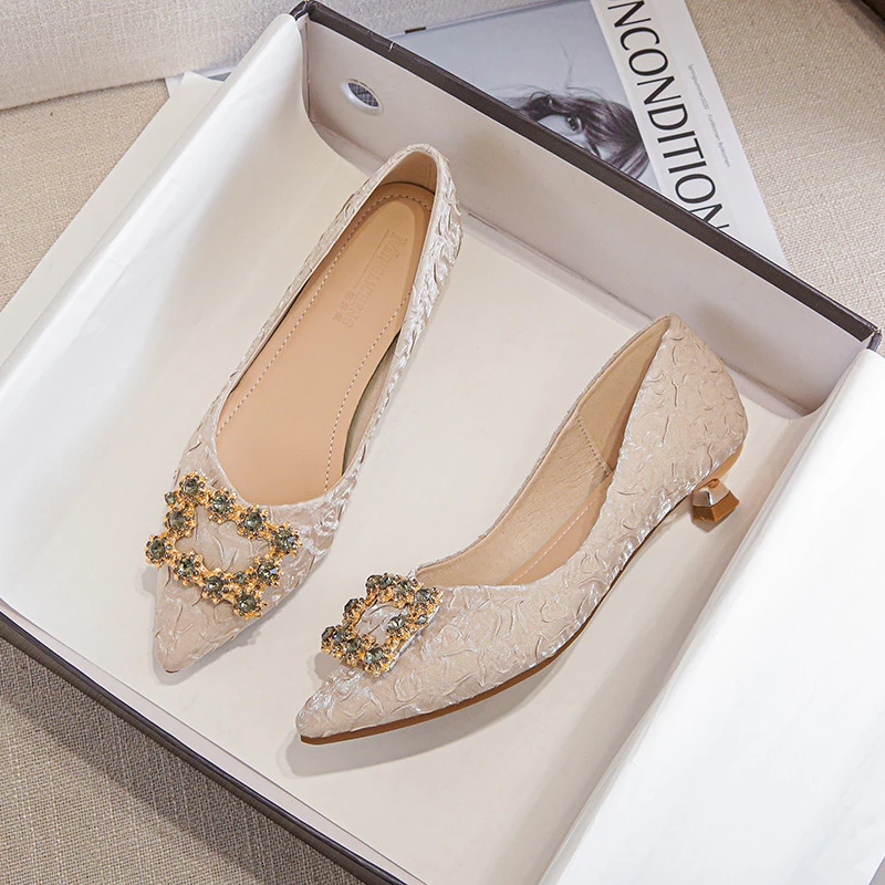 Beige Textured Satin Pointed Toe Kitten Heel Pumps With Gemstone Buckle Elegant Dress Shoes For Office Work Wedding Party Prom
