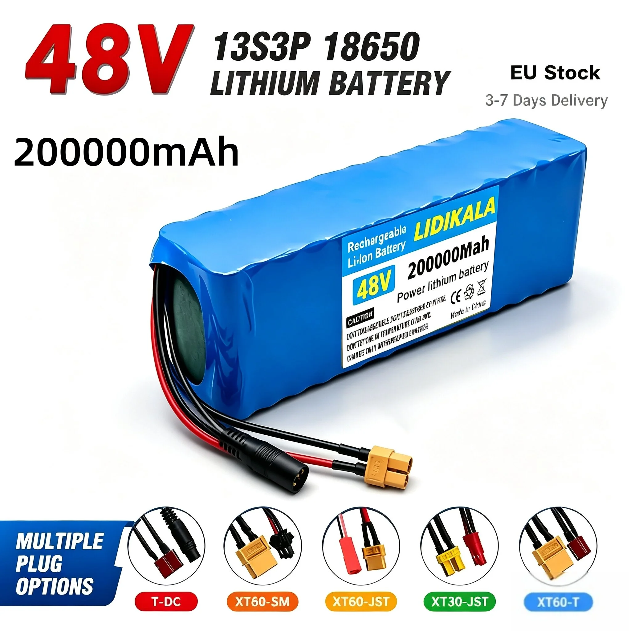 48V 200000mAh 13S3P 18650 Lithium-Ionen-Akku mit integriertem BMS-Schutz, wiederaufladbarer Akku für Elektroroller, E-Bike, E-Fahrrad, Mehrfachanschluss XT60 T-DC, kostenloser Versand, 3-7 Tage