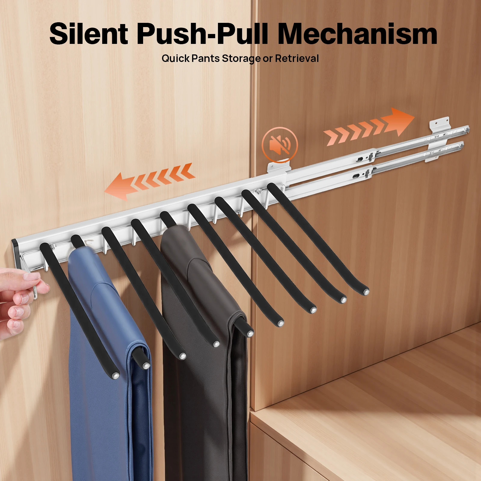 Pull Out Trousers Rack, Sliding Pants Rack, 9 Rod Wall Mounted Trouser Hanger for Wardrobe Closet, ABS Aluminum Alloy, Black Silver, Heavy Duty 35lbs