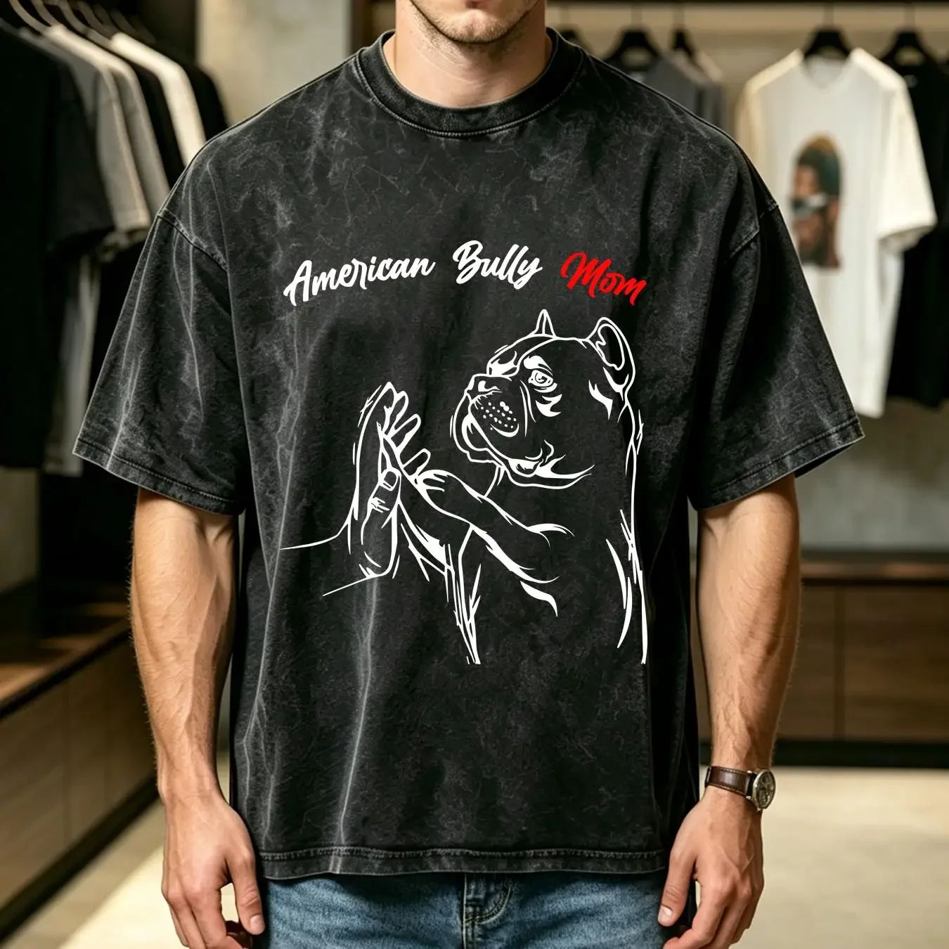 washed T Shirt American Bully Mom Dogs Mum Women Black long or short sleeves vintage Washed Soft Top For Everyday Wear