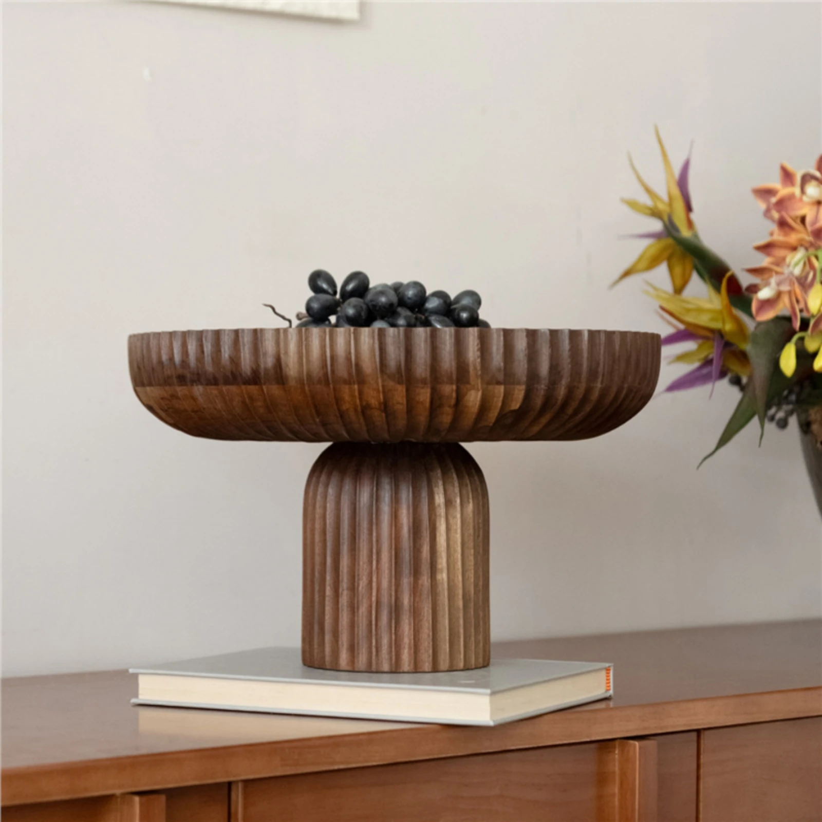 Pedestal Tray with Fluted Sides Sculptural Wood Pedestal Tray Riser Stable Minimalist for Tabletop Styling, Living Room