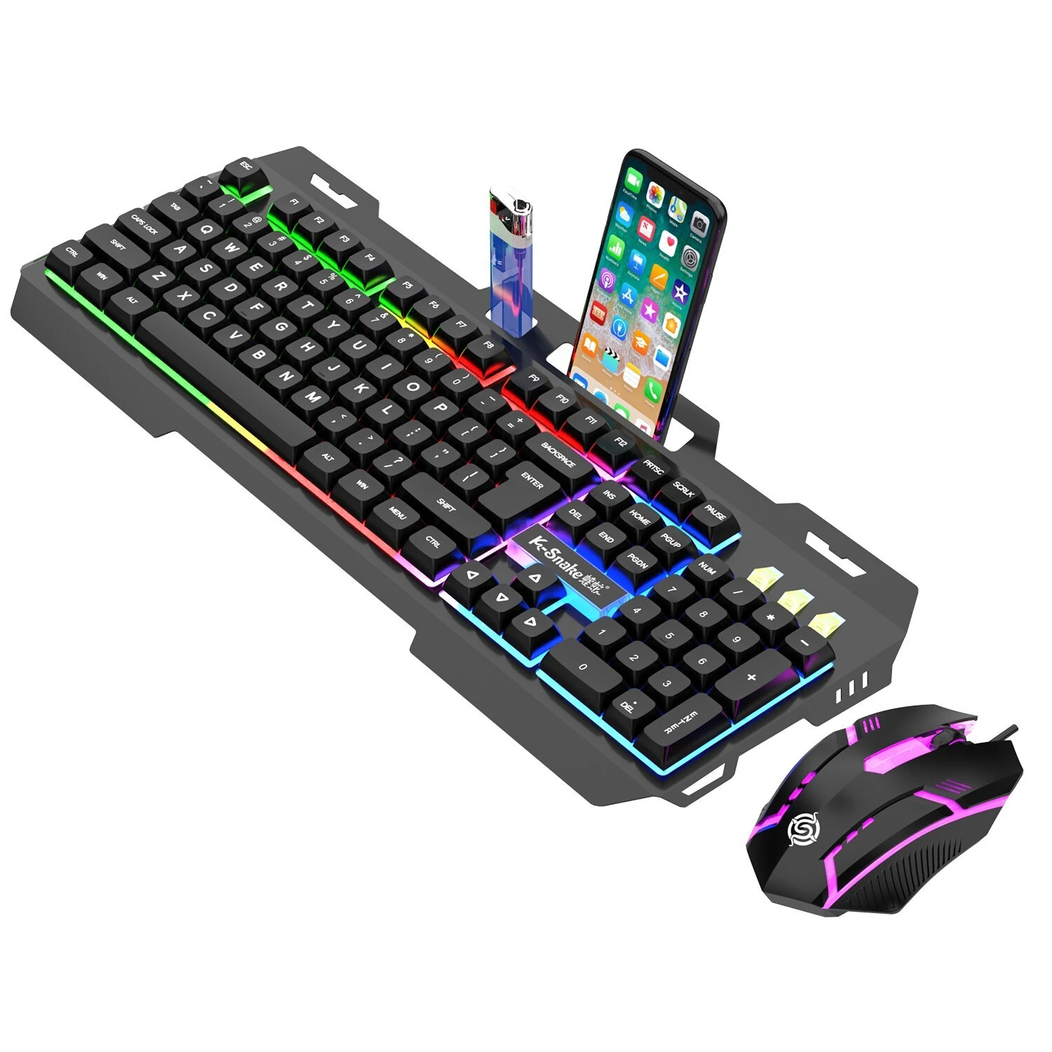 Wired Game Keyboard and Mouse Combo RGB LED Backlit Keyboard with Hand Rest Phone Holder and Wired Mice for Gamer Office