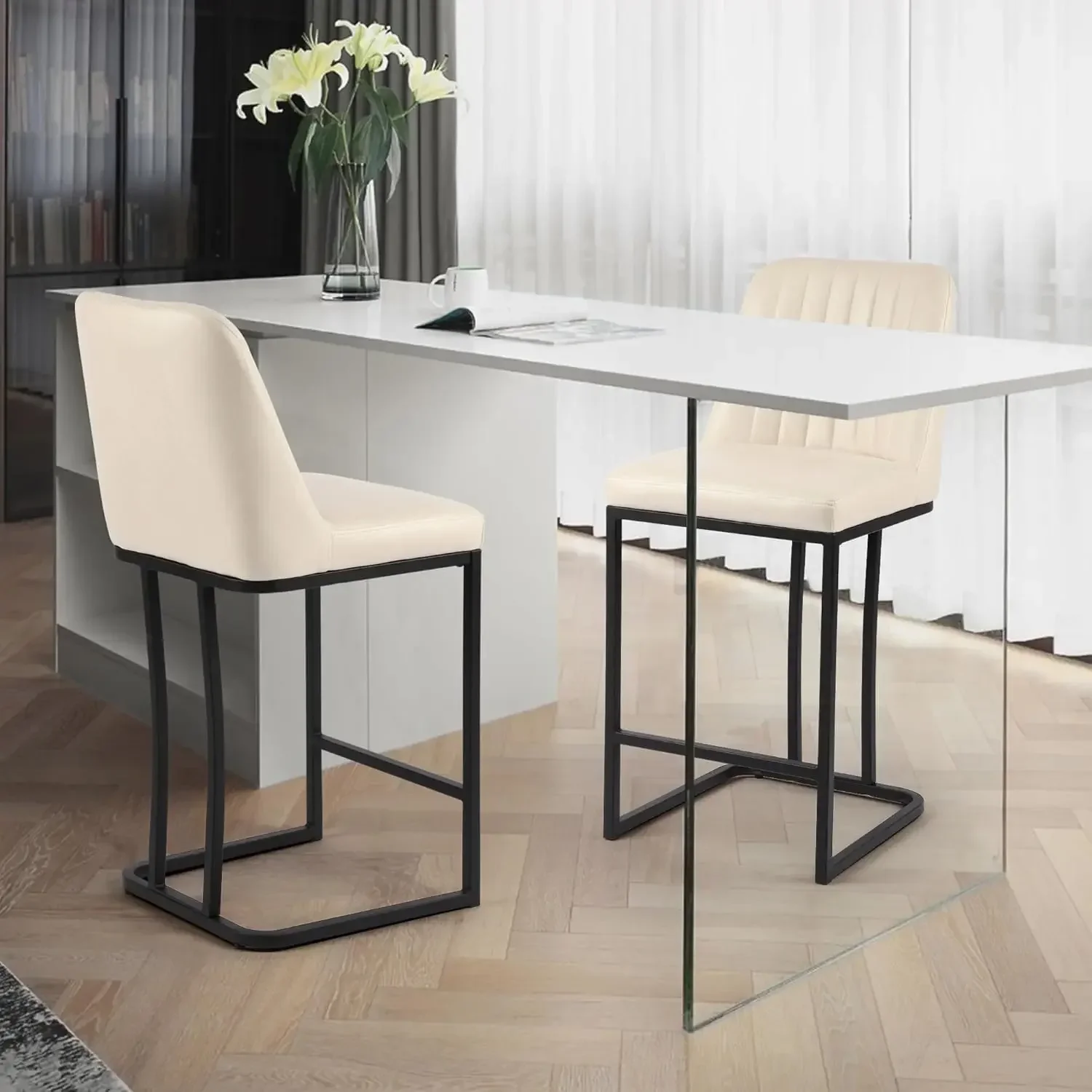 Counter Height Bar Stools Set of 2, 24.8 Inch Upholstered Faux Leather Bar Stool Kitchen Island Bar Chairs with Backrest